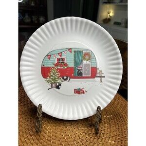 Set Of 4 Dog Cat Themed Christmas Camper Scalloped Edge Melamine Plates